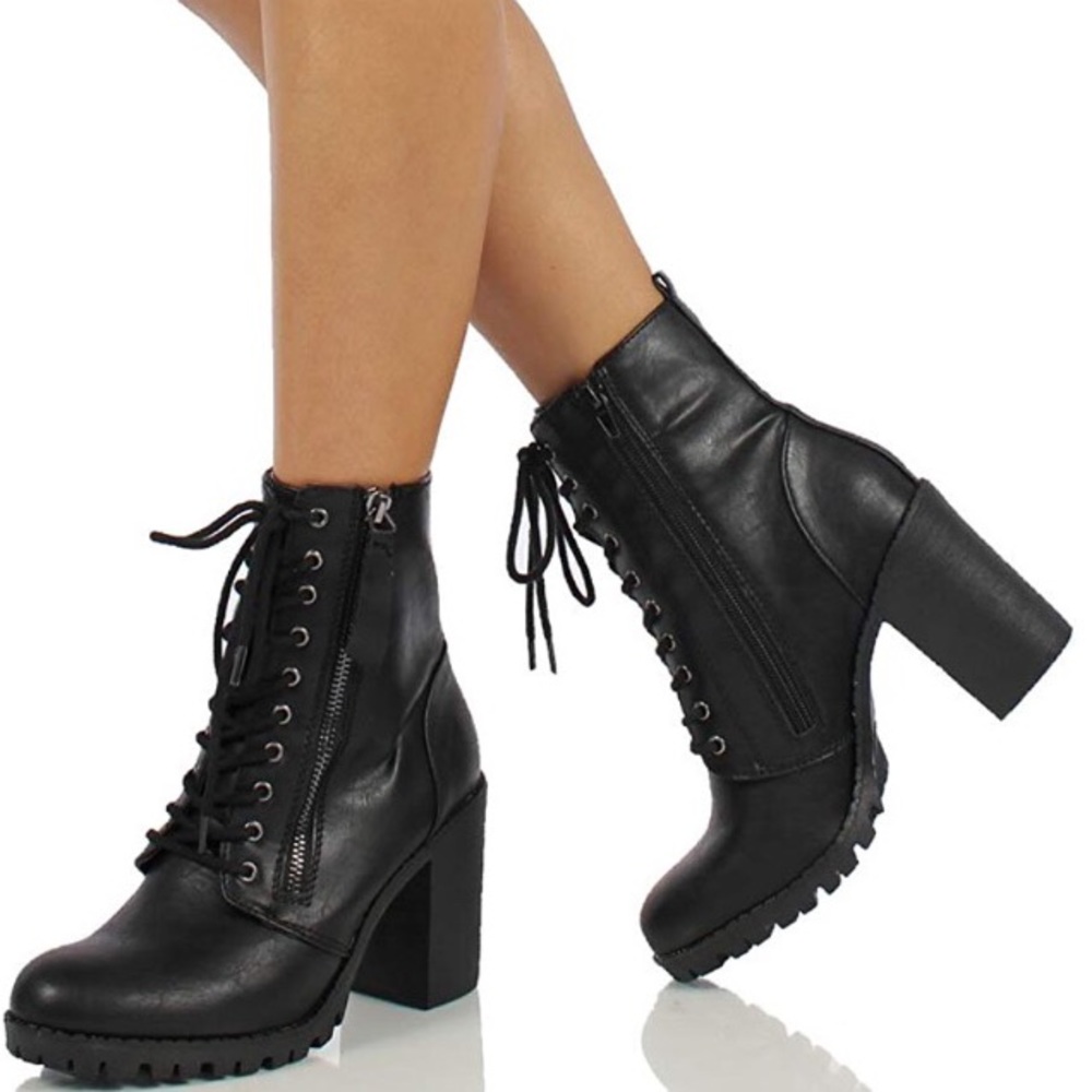 heeled combat leather black ankle booties